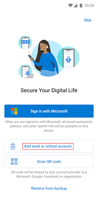 Official Microsoft screenshot of the first-run screen on Android
