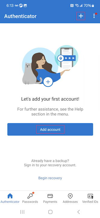 Official Microsoft screenshot highlighting Add account on Android