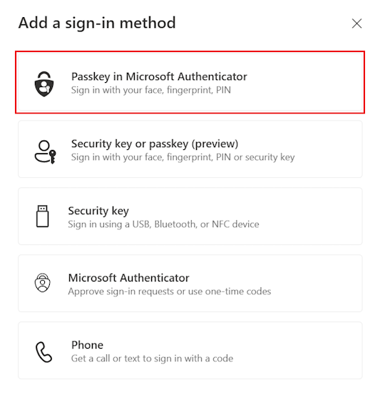 Official Microsoft screenshot highlighting Passkey in Microsoft Authenticator in Add a sign-in method