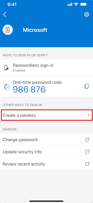 Official Microsoft iPhone screenshot highlighting Create a passkey