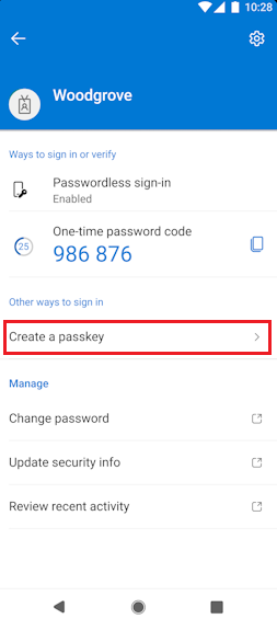 Official Microsoft Android screenshot highlighting Create a passkey