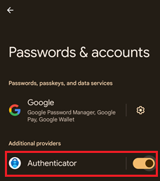 Official Microsoft screenshot showing Authenticator enabled as an Android passkey provider