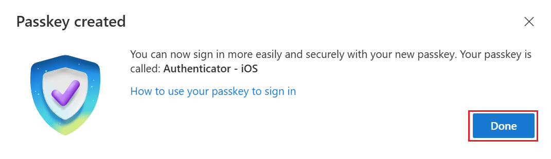 Official Microsoft screenshot confirming that a passkey was created